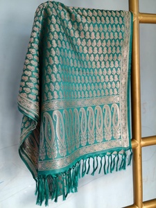 Peacock <b>Green</b> <b>Silk</b> Shawl for Women Traditional Long Scarf with Silver Paisley Woven Pattern and Tassels - Product Image 1