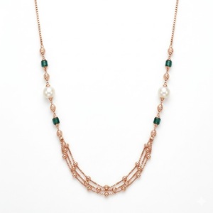 Collier Mala italien en argent 925, finition or rose, pierre verte, perle, chaîne multicouche, bijoux de créateur pour femmes - Product Image 1