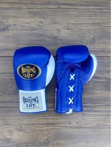Custom Made Blue and White No Boxing No Life Real Cowhide Leather Lightweight Full Finger Breathable Boxing <b>Gloves</b> Lace-Up - Product Image 2