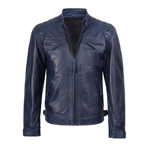 <b>Men's</b> Blue Genuine <b>Leather</b> Moto <b>Jacket</b> Stand Collar Zipper Closure Slim Fit Autumn Wear Motorbike Style Biker <b>Jackets</b> - Product Image 1