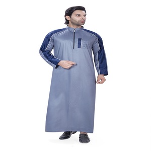 <b>Men's</b> GREY BLUE Long Sleeve <b>Thobe</b> Floor Length Regular Fit Stand Collar Colorblock Design Casual Daily Wear Middle Eastern Style - Product Image 2
