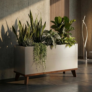 Modern Industrial Rectangular Metal Indoor Outdoor Planter <b>Box</b> with Mid-Century Wooden Stand for Living Room, Office, and Hotel - Product Image 1