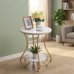 Luxury <b>Gold</b> Metal Marble Side <b>Table</b> <b>Round</b> Accent <b>Table</b> with Decorative Curved Frame and Lower Shelf for Living Room Bedroom - Product Image 5