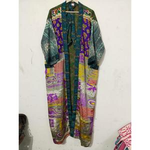 Robe Kimono Maxi Vintage en Soie Recyclée pour Femme, Élégante, Patchwork, Col en V, Cordon de Serrage, Respirante, Séchage Rapide, Idéale pour l'Été - Product Image 4