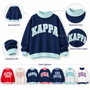 Sudadera extragrande de cuadros vichy personalizada para mujer con apliques de letras universitarias bordadas, jersey de hermandad universitaria, venta al por mayor, marca privada - Product Image 4