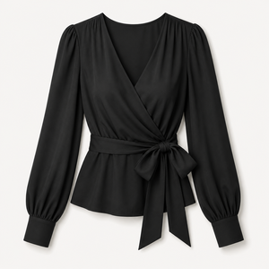 Chemisier élégant pour femme à nouer devant, manches longues, style portefeuille, décontracté, en mousseline douce, coupe ajustée et féminine - Product Image 3