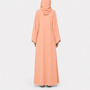 Abaya décontractée en polyester à manches longues et ouverture frontale, col en V, passepoil contrastant, manches larges, avec foulard assorti, printemps-automne, vente en gros - Product Image 4