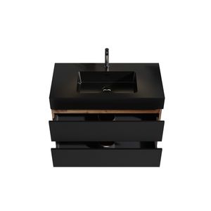 Mobile bagno Grace da 36 pollici in noce con lavabo in quarzo nero opaco, cassetti neri opachi, design sospeso a parete - Product Image 5
