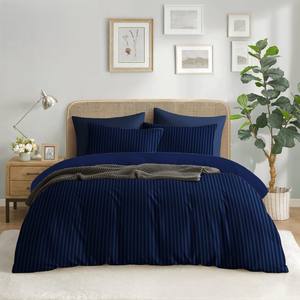 Parure de couette en microfibre taille Queen, rayures douces, couleurs foncées, comprend 2 taies d'oreiller, drap plat, drap-housse, polyester tissé 400TC - Product Image 2