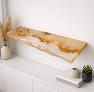 White Pearl Epoxy Floating Rectangle <b>Console</b> <b>Table</b> Live Edge Wood Resin Handmade Modern Luxury Floor Mount Eco-Friendly - Product Image 1