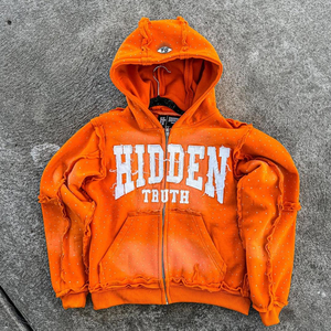 เสื้อฮู้ดซิปสีส้ม Hidden Truth ทรงโอเวอร์ไซส์สำหรับผู้ชาย สไตล์สตรีทแวร์ ผ้าฟลีซ พิมพ์ลายโลโก้ด้านหน้า - Product Image 5