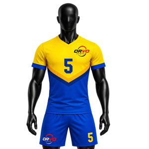 Conjunto de Uniforme de Fútbol ORVO Sports para Hombre, Camiseta Amarilla y Azul de Manga Corta con Cuello en V, Número 5, Poliéster, Logotipo Personalizado, Diseño Personalizable - Product Image 1