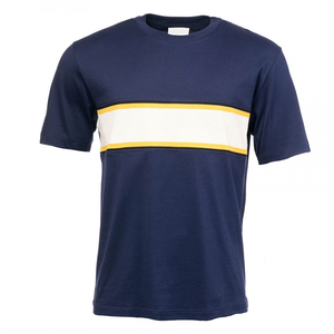 <b>Men's</b> <b>Navy</b> <b>Blue</b> Short Sleeve O Neck <b>T</b>-<b>Shirt</b> With White And Yellow Striped Contrast Trim Regular Fit Casual Style - Product Image 3