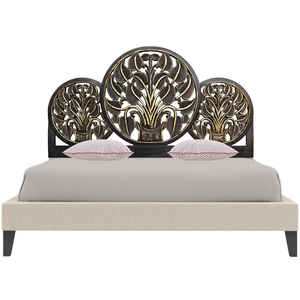 Cabecero de Cama King Size Negro Hecho a Mano con Tallado en Madera, Acabado Dorado, Madera Sintética, Estilo Vintage, Decoración Boho para Dormitorio - Product Image 3