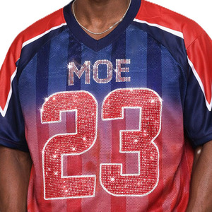 Men Trendy American Football Jersey Rhinestone shaded Blue <b>Red</b> Gradient Mesh V-Neck <b>Glitter</b> Bling Sparkly Team Sportswear Shirt - Product Image 4