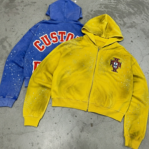 Sweats à capuche oversize zippés pour hommes, style streetwear, avec lettres brodées en appliqué, design vieilli délavé aux enzymes et orné de strass - Product Image 4