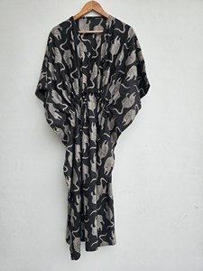 Artisan Handmade <b>Black</b> Cotton Tiger Print <b>Kaftan</b> Dress Boho Maxi Caftan with Adjustable Waist Tie Lightweight Lounge Wear - Product Image 4