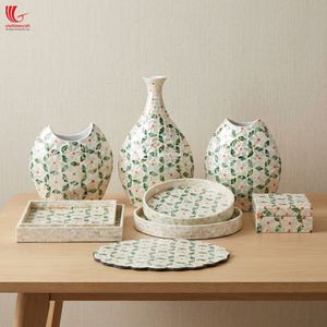 Ensemble de vases en céramique Viettimecraft avec motif de feuilles vertes, décoration moderne faite à la main pour la maison, pour le salon, utilisation en intérieur - Product Image 1