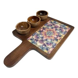 Plateau de service rustique en bois avec incrustations décoratives en céramique et bols à sauce pour une décoration élégante de la table. - Product Image 4