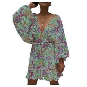 Vestido transpirable de mujer con cuello en V profundo y estampado a mano, estilo europeo-americano, corte regular, sexy, tipo linterna - Product Image 5
