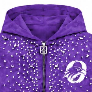 Sudadera con capucha y cremallera Deep Purple Pearl, con cristales brillantes, estilo streetwear, manga larga, con bolsillo frontal - Product Image 3