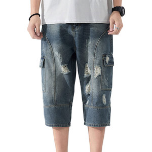 Pantalones Cortos Cargo de Mezclilla Rasgados para Hombre, Estilo Casual Urbano, Cintura Media, Elásticos, de Algodón Tejido - Product Image 1