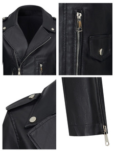 Chaqueta de Motociclista de Cuero para Mujer, Manga Larga, Cierre de Cremallera, Cuello Camisero, Color Sólido, Estilo Otoñal, Corte Corto - Product Image 6