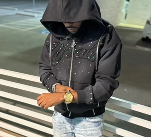 Sweat à capuche streetwear pour homme de haute qualité, personnalisé, délavé, effet soleil, avec fermeture éclair, broderie 3D en strass, coupe oversize, 100% coton, automne - Product Image 2