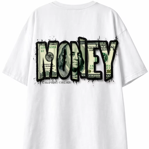 Camiseta Oversize con Estampado 'Rich Money', Cuello Redondo, Algodón con Lavado Ácido, Hombros Caídos, Transpirable y de Secado Rápido - Product Image 1