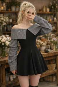 Vestido Mini Tipo Skater con Hombros Descubiertos, Estampado a Cuadros y Contraste Monocromático - Product Image 2