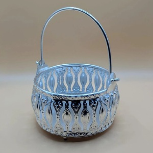 German Silver Plated Iron Metal Decorative Storage <b>Baskets</b> round Food <b>Hampers</b> for Festivals and Diwali <b>Gifting</b> - Product Image 1