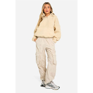 Women's Oversized Hooded Fleece Pullover Sweatshirt Solid Color Drop-Shoulder <b>Long</b> <b>Sleeve</b> Winter <b>Crop</b> Top with Pockets - Product Image 3