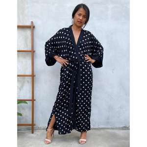 Vestido Kaftán Holgado con Cinturón, Cuello en V, Cintura Natural, Estampado de Puntos Negros, Ecológico, para Mujer, Ropa Casual de Resort - Product Image 3