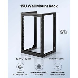 Gabinete de red de montaje en pared de 15U, capacidad de carga máxima de 150 libras, marco abierto, puerta oscilante de 180 grados, estante de acero al carbono negro de 19 pulgadas para TI - Product Image 4
