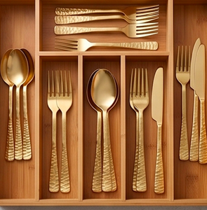 Gold Plated Metal Flatware Set With Hammered Handle Modern Design For Wedding Dining Kitchen Home Restaurant Use - Product Image 2