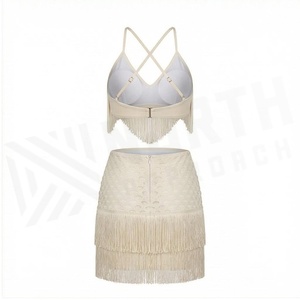 Cream 2 Piece Set Crossed Halter <b>Top</b> With Tassel And <b>Fringe</b> Skirt Women's Beachwear - Product Image 2