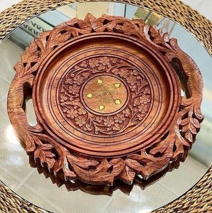 Round Hand Carved Wooden Decorative <b>Plate</b> With Handles Floral Plant Pattern <b>Wall</b> <b>Hanging</b> Platter Decorative Natural Solid <b>Plate</b> - Product Image 1