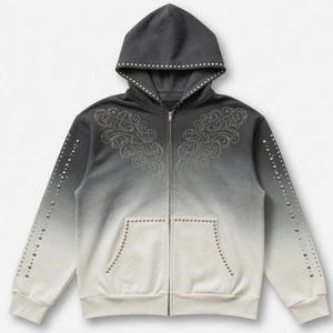 Sweat à capuche zippé unisexe en coton épais 400 g/m² délavé à l'acide, style streetwear, coupe ample, personnalisé avec strass - Product Image 1