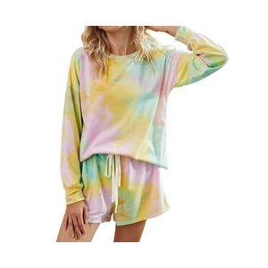 Conjunto de Top de Manga Larga con Estampado Tie Dye y Pantalones Cortos para Mujer, Cuello Redondo, Cordón Ajustable, Ropa Casual para Estar en Casa, Color Degradado Rosa y Amarillo, Atuendo de Verano - Product Image 5