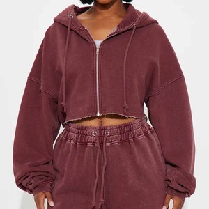 Ensemble de survêtement 2 pièces en molleton de coton délavé pour femme : sweat à capuche court zippé et pantalon de jogging extensible à manches longues - Product Image 3