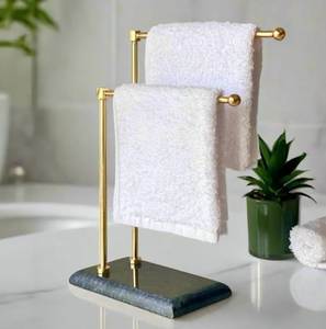 Porte-serviettes moderne en métal noir pour salle de bain, avec plusieurs barres de rangement et base stable - Product Image 1