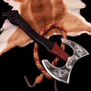 Hache viking à double tête faite à la main, en acier forgé à haute teneur en carbone, avec manche en bois et fourreau en cuir, pour bricolage et OEM - Vente chaude - Product Image 1