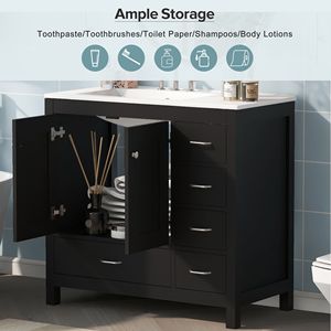 Mobile Bagno Nero da 36 Pollici con Ampio Spazio di Archiviazione, 2 Ante con Chiusura Ammortizzata e 5 Cassetti, con Lavabo in Ceramica Integrato - Product Image 6