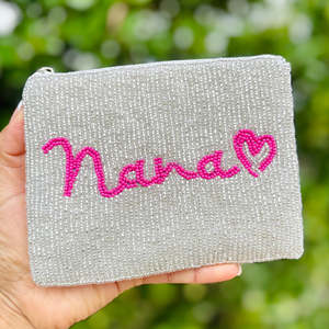 Silver Embroidered Nana Heart Coin Pouch Handmade <b>Beaded</b> Clutch Wallet Zipper <b>Large</b> Customizable Storage Hip Hop Jewelry - Product Image 4