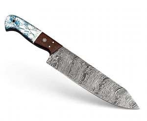 Handcrafted Damascus Steel Kitchen Chef Knife Blue White Marbled Resin <b>Wood</b> Handle <b>Slicing</b> Knife - Product Image 1