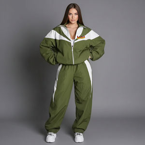Conjunto Deportivo para Mujer en Verde Oliva y Blanco con Bloques de Color, Corte Holgado, Cierre de Cremallera, Bolsillos Laterales, Ropa Casual de Primavera - Product Image 1