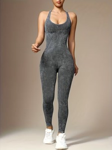 Women's Solid Ribbed Seamless <b>Yoga</b> Jumpsuit | Eco-Friendly Acid Wash Backless Gym <b>Unitard</b> | Breathable Quick Dry Lightweight - Product Image 6