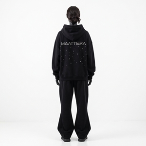 Ensemble survêtement femme noir à strass, pantalon large, ensemble assorti, streetwear oversize, logo personnalisé, tenue décontractée - Product Image 2