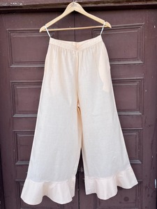 Pantalon Palazzo Bohème Ample en Coton Beige Clair pour Femme, Taille Mi-Haute Élastique, Coupe Ample, Respirant, Ourlet Volanté, Idéal Été - Product Image 1