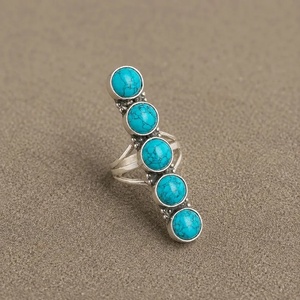 Meilleure Collection Bague Longue Vintage en Argent Plaqué avec 5 Pierres Naturelles de Turquoise, Bijoux pour Femme, Prix de Gros - Product Image 2